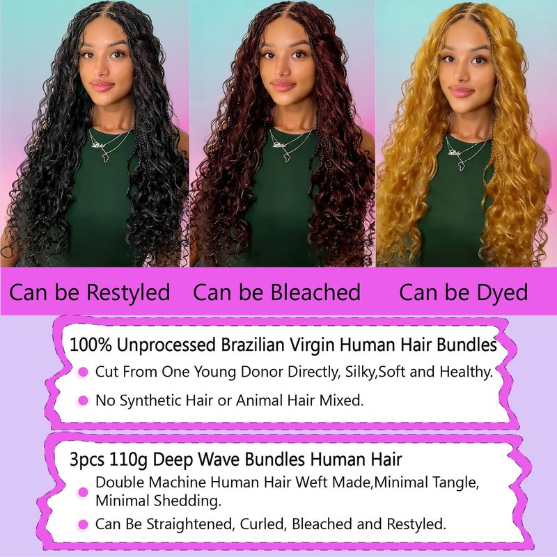 Human Braiding Hair for Boho Braids 110g 16 Inch Deep Water Wave Curly Bulk 100% Human Hair Curly Deep Wave Bundles for Braiding Knotless, Wet and Wavy Crochet Hair Extensions Bohemian Micro Braiding