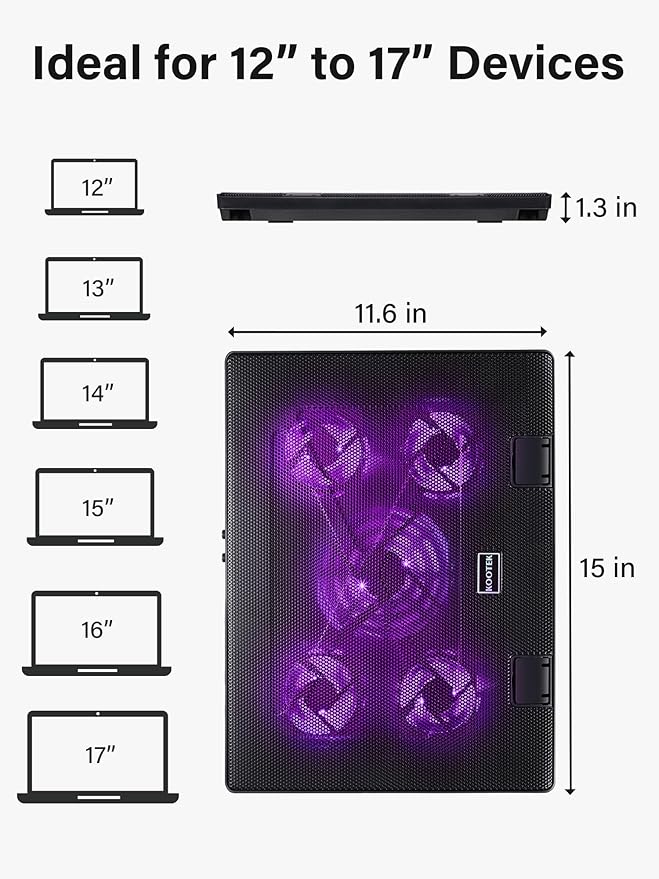 Kootek Laptop Cooling Pad, Laptop Cooler with 5 Quiet Fans for 12"-17" Computer PC Notebook Gaming Laptop Fan, Height Adjustable Laptop Cooling Stand Laptop Accessories (Purple)