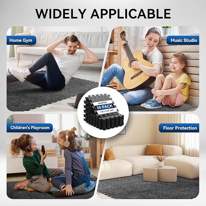 20 Pcs Interlocking Sound Absorbing Floor Mats, 11" x 11" x 0.4" High Density Anti Vibration Noise Reduction Pads, Non-Slip Felt Puzzle Mats for Drum, Piano, Music Studio, Home Gym