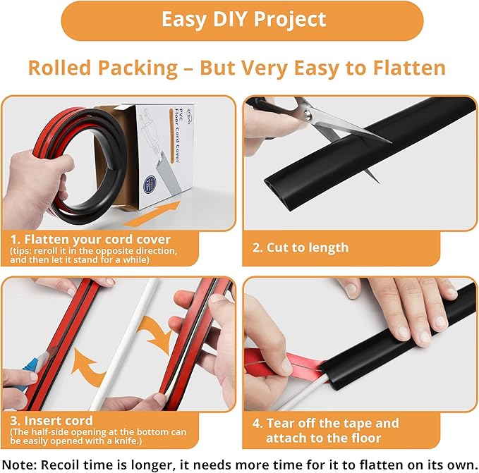 5ft Cord Cover Floor for Extension Cords, Self-Adhesive Floor Cable Cover to Protect Cables & Prevent Tripping, PVC Cord Hider Protector, Internal Wire Management Channel Diameter: 0.39",Brown