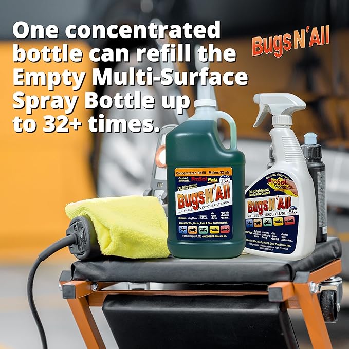 Bugs Nâ All Multipurpose Car Cleaner & Degreaser - Bug & Tar Remover Concentrate 1 Gallon - Exterior Cleaner Safe for Car Paint, Metal, Chrome, Aluminum, Windows & Mirrors - w/Free 32 oz Spray Bottle