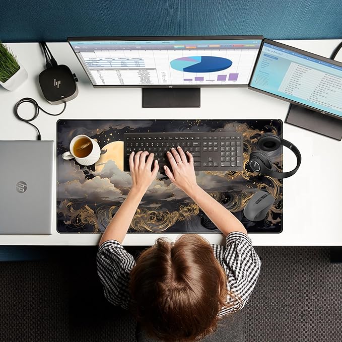 DKPXFG Golden Moon Desk Pad Black Desk Mat XXL Mouse Gaming Pads, Starry Sky Keyboard Pads Extra Large Desktop Computer Mats with Non-Slip Base & Stitched Edges, Vintage Office Decor 31.5" x 15.7"