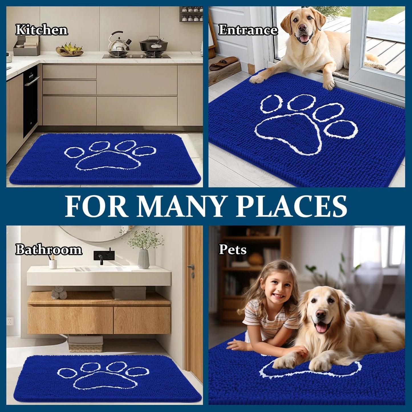 OLANLY Dog Door Mat - Absorbent Muddy Paws Doormat | Non-Slip Chenille 36x24, Royal Blue