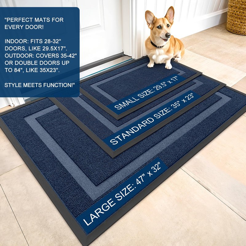 OLANLY Front Door Mat Indoor Outdoor Entrance, Waterproof All-Season, All-Weather Doormat, Sturdy Natural Rubber, Fade Resistant, Low Profile, Easy Clean Patio Porch Entryway Mat, 71x23, Blue