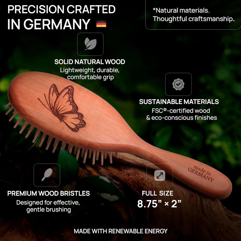 Natural Wooden Hair Brush - Anti-Breakage Wood Bristle with Pear Wood Handle | Gentle Scalp Massage, Anti-Static for All Hair Types