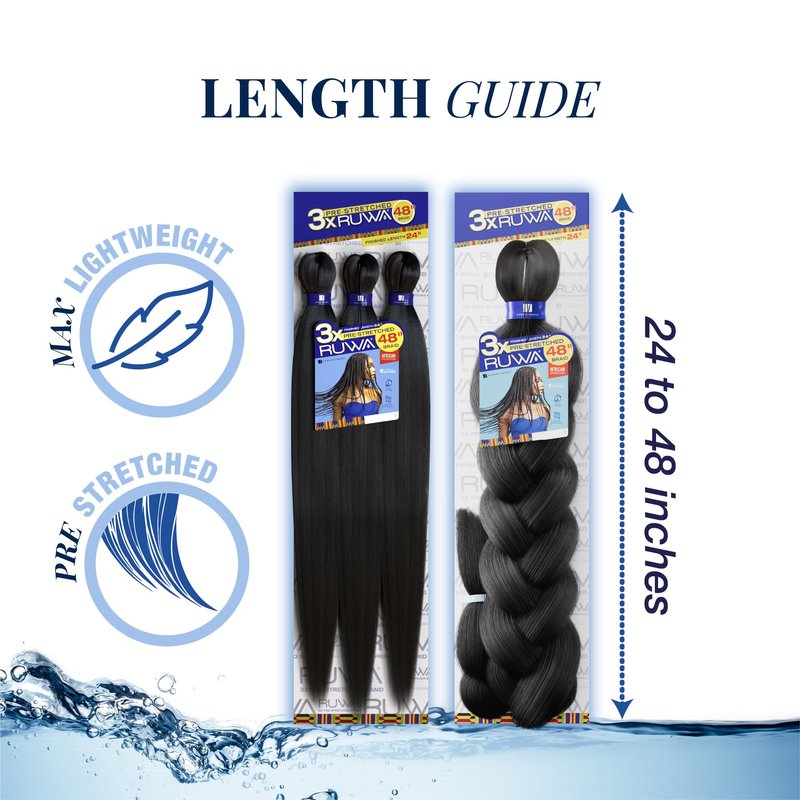 Sensationnel Ruwa prestretched braiding hair - 3x 48 inch water repellent kanekalon fast dry synthetic sports itch free (5 pack, 1 JETBLACK)