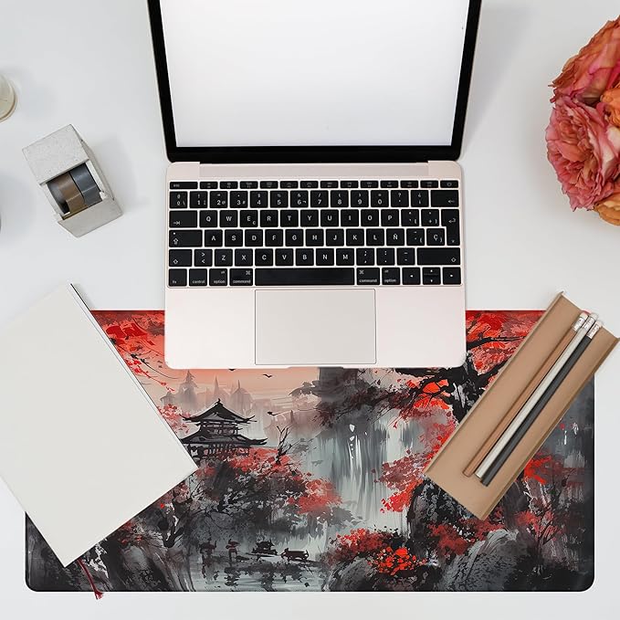 KOAIWPAE Desk Mat, Red Landscape Painting Desk Pad, Ink Painting Large Gaming Mouse Pad for Desk, 31.5"x15.7" Extended Big Computer Keyboard Mouse Pad with Non-Slip Base and Stitched Edge
