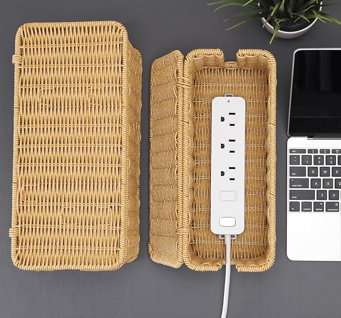 ZhiYo Rattan Cable Management Box, Brown Cord Organizer, 13.5" x 6.2" x 6"