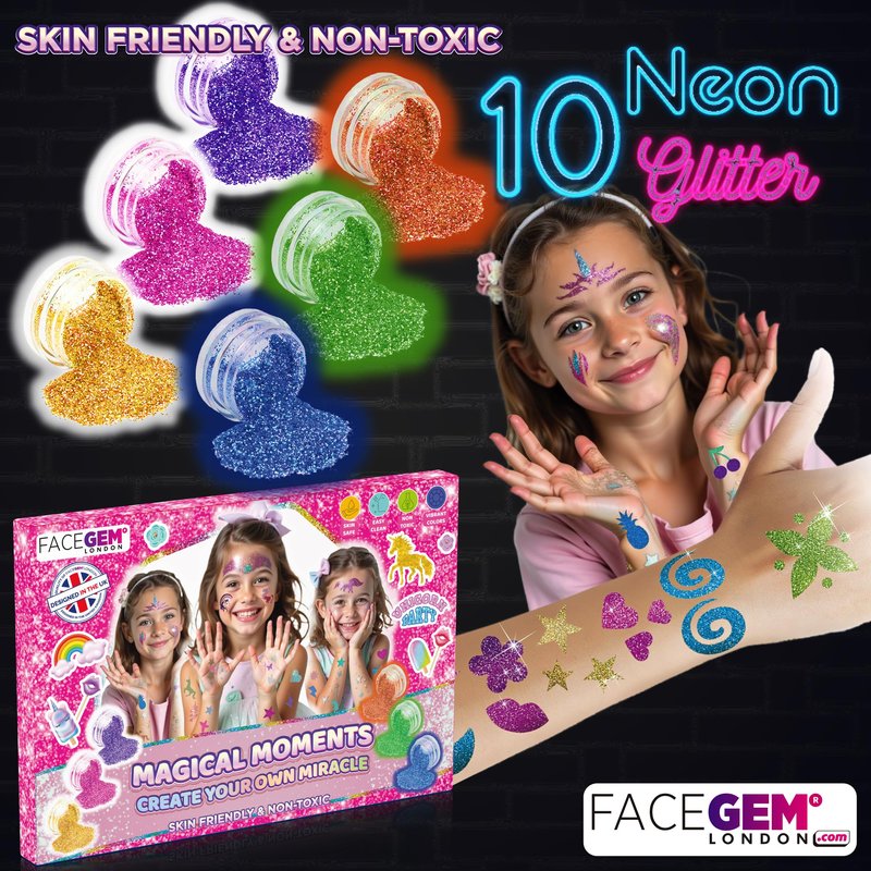 40 Colour - Glitter Tattoos for kids, Glitter tattoo kit, Temporary Tattoos for kids, Face glitter, 200+ Stencils, 40 Colour (10 neon), Rhinestones, Girls birthday present, Face Glitters