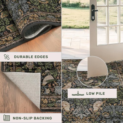 Hazo Haus Dark Living Room Rug 8x10 - Large Washable Floral Area Rugs for Dining Room Under Table, Bedroom, Office, Birds and Leaves Nature Design, Non-Slip Low Pile (Dark Green/Brown)