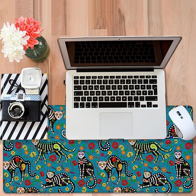 NITAHHHY Sugar Skull Black Cats Gaming Mouse Pad 3mm Thick Stitched Edge Waterproof Non-Slip Large Computer Keyboard Mouse Mat,Suitable for Office Entertainment Decorative Desk Pad 35.4 x 15.7 Inches