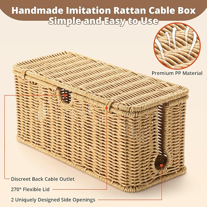 ZhiYo Rattan Cable Management Box, Black Desk Cord Organizer, 2 Pack (M&L)