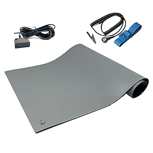 RubberStat Dual Layer ESD Compliant Workstation Rubber Table Mat Kit, Soldering, Cell Phone Repair, with Wrist Strap Set and Ground Cord - 24"x24" Grey