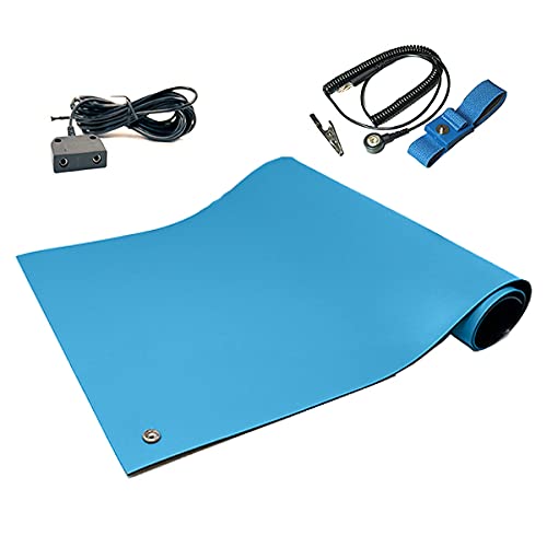 RubberStat Dual Layer ESD Compliant Workstation Rubber Table Mat Kit, Soldering, Cell Phone Repair, with Wrist Strap Set and Ground Cord - 24"x36" Blue