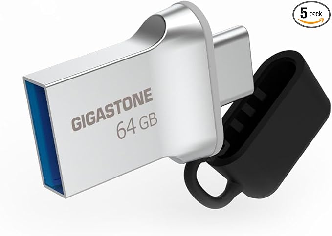 GIGASTONE 64GB 5-Pack Nano Luxus Dual USB Flash Drive, USB-C & USB-A, 100MB/s High-Speed Storage, Metal Design