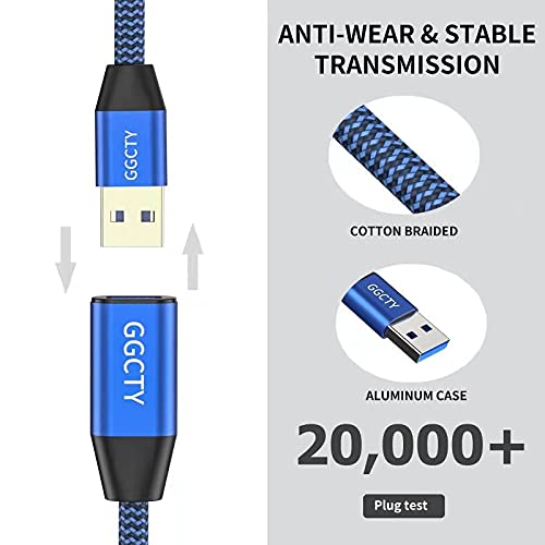 GGMTY USB 3.0 Extension Cable 10FT, Type A Male to Female Extender Cord, 5Gbps High Speed Data Transfer with 24/28 AWG Copper, Blue-Black Braided Long Sync Wire for Couch Gaming, VR, Webcam, PC