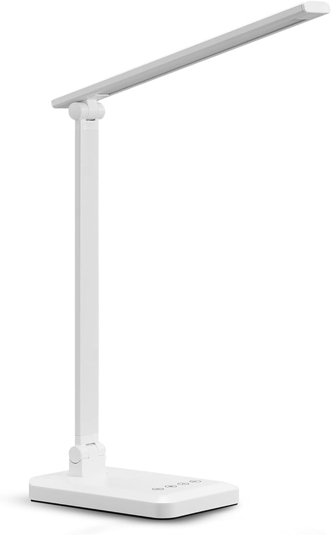 MACASA LED Desk Lamp with USB Charging Port Whole White for Home Office Essentials Table Lamp with Eye-Caring 4 Color Temperature Touch Control Stepless Dimming Desk Light for College Dorm
