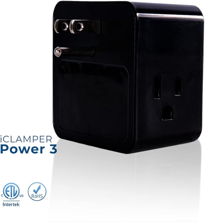Clamper 3-Outlet Surge Protector 1800 Joules, 1875W, for TV, PC, Xbox, PS5, Refrigerators and Other Appliances (Compact Wall Surge Protector), iCLAMPER Power 3, 1-Pack Black