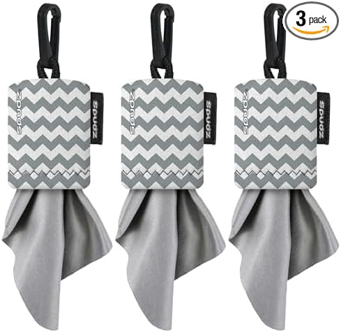 SPUDZ Classic Microfiber Lens Cleaner – Clip-On Pouch, Washable – for Binoculars, Scopes, Glasses, Screens | Classic | Gray Chevron, 6 x 6 Inch (3-Pack)