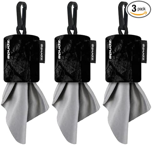 SPUDZ Classic Microfiber Lens Cleaner – Clip-On Pouch, Washable – for Binoculars, Scopes, Glasses, Screens | Classic | Stealth Shadow, 6 x 6 Inch (3-Pack)