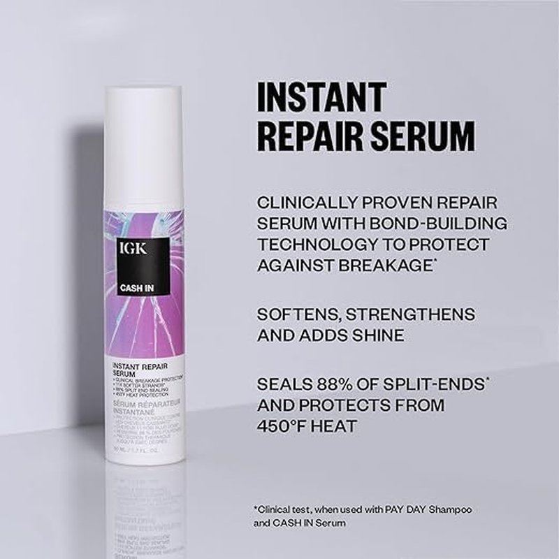 IGK Cash In Hair Serum - Instant Repair for Stronger Hair | Silicone-Free | 1.7 oz (Pack of 2)