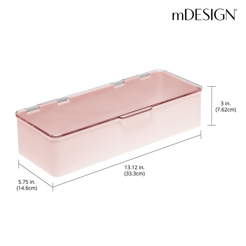 mDesign Long Plastic Cosmetic Storage Organizer Box Containers with Hinged Lid for Bedroom, Bathroom Vanity Shelf or Cabinet, Holds Masks, Palettes, Lotion, or Nail Polish, 2 Pack - Light Pink/Clear
