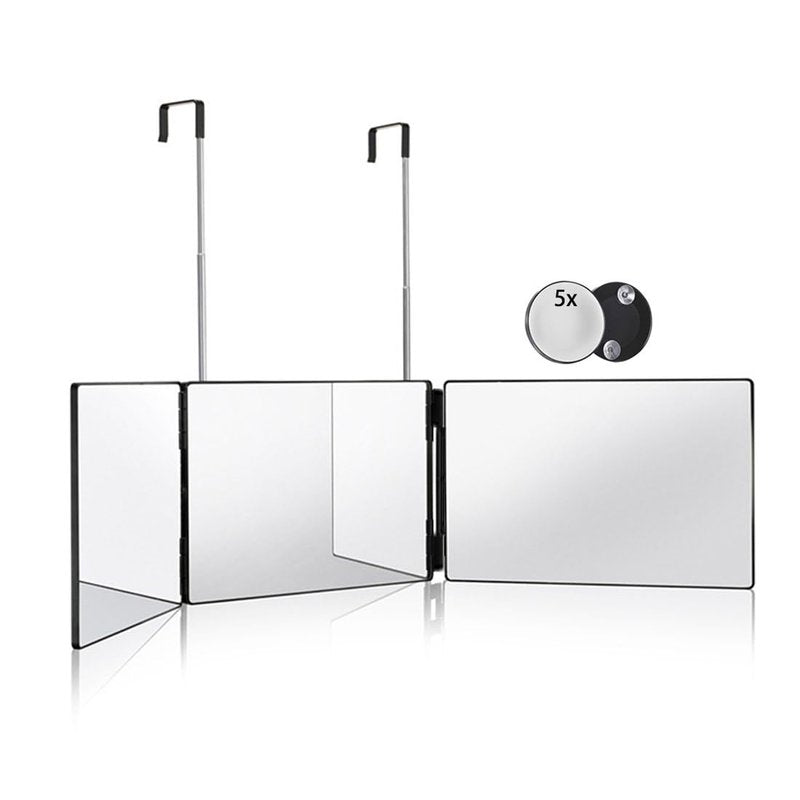 HIEEY 3 Way Mirror for Hair Cutting,360 Trifold Mirror with Height Adjustable Telescoping Hooks,and 5X Magnification,for Makeup, Hair Styling