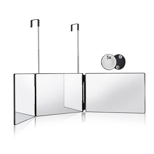 HIEEY 3 Way Mirror for Hair Cutting,360 Trifold Mirror with Height Adjustable Telescoping Hooks,and 5X Magnification,for Makeup, Hair Styling