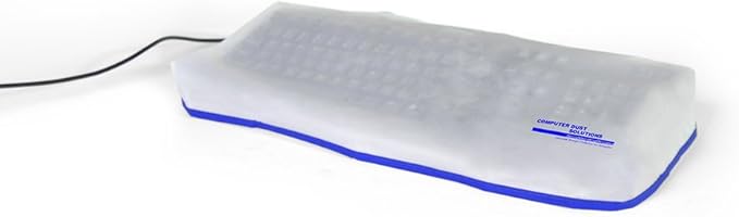 COMPUTER DUST SOLUTIONS Keyboard Dust Cover, Covers Standard Size PC Keyboards, Silky Smooth Antistatic Vinyl, Translucent Coconut Cream Color with Blue Trim, Larger, (18W x2H x7D)