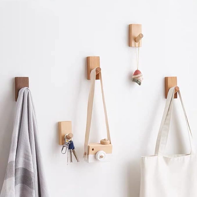 HomeDo Wall Hooks Hat Rack, Wooden Coat Hooks Wall Mounted, Decorative Hooks Single Organizer Hat Hanger Towel Rack, Heavy Duty Hooks (Rectangle-Beech,8P)