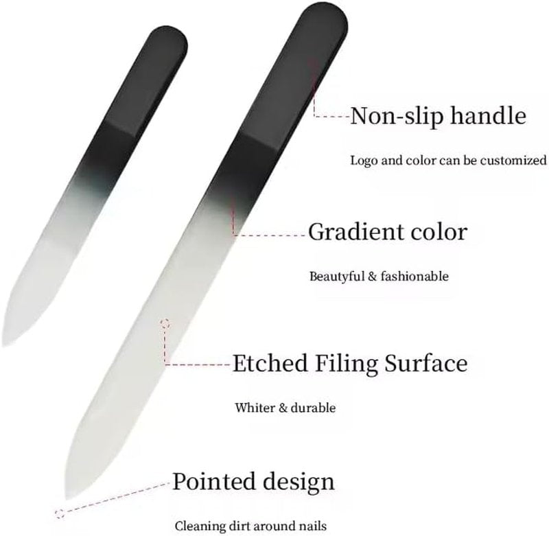 Glass Nail File Set - 3-Piece Crystal Files with Case | Includes Nail File, Cuticle Pusher & Buffer - Black Gradient