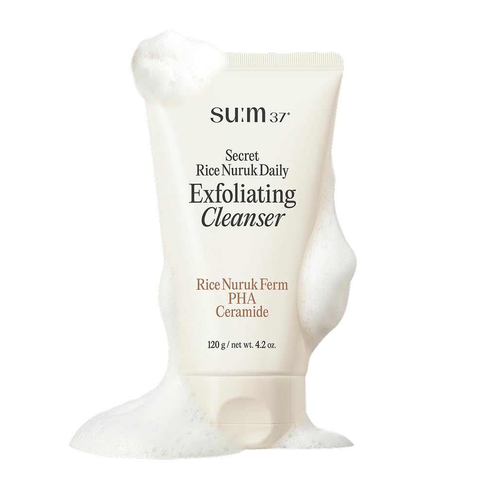 SU:M Secret Rice Nuruk Daily Exfoliating Cleanser (4.23 fl oz) - Korean Skincare Gentle Scrub Foam Cleanser with Rice Nuruk Extract, PHA, and Melting Ceramide for Hydration and Smooth Skin.