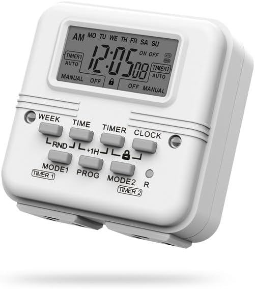 BN-LINK Indoor Digital Light Timer, 7 Day Programmable Plug with 2 Independent 3-Prong Outlets, for Lamps, Fans, 2 On/Off Settings, 1 Pack, 15A/1875W, ETL Listed