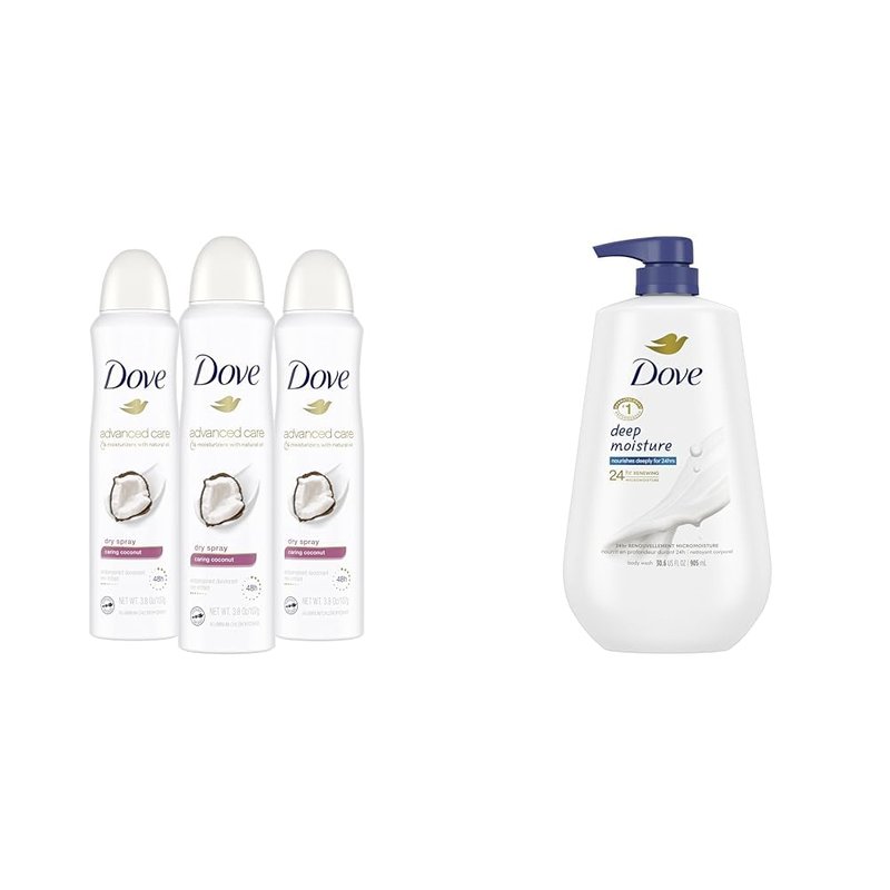 Dove Advanced Care Dry Spray Antiperspirant Deodorant Caring Coconut 3 Count & Dove Body Wash with Pump Deep Moisture For Dry Skin Moisturizing Skin Cleanser