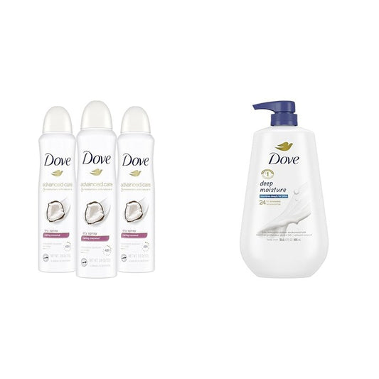 Dove Advanced Care Dry Spray Antiperspirant Deodorant Caring Coconut 3 Count & Dove Body Wash with Pump Deep Moisture For Dry Skin Moisturizing Skin Cleanser