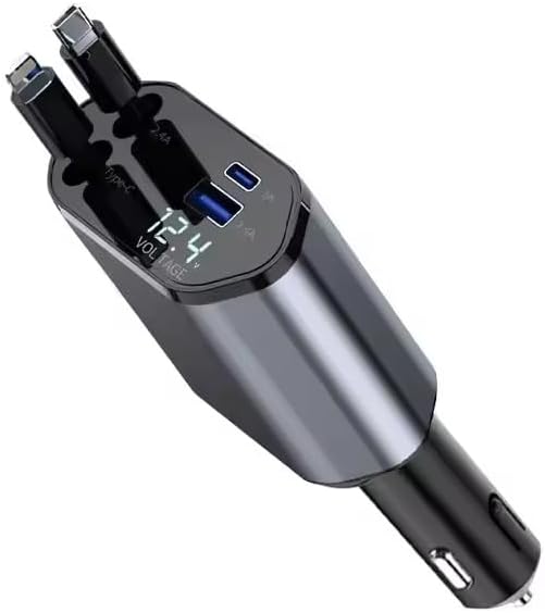 JPHASIC 120W Retractable Car Charger 4-in-1 USB-C & Lightning Cable – Fast Charging Adapter for iPhone 16/15/14, Samsung, Android | USB Type-C Port + LED Voltage Display | Multi-Device Car Charger