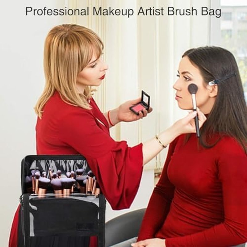 Makeup Brush Organizer - Travel-Friendly Stand-Up Holder with Adjustable Divider | Large Black Cosmetic Case
