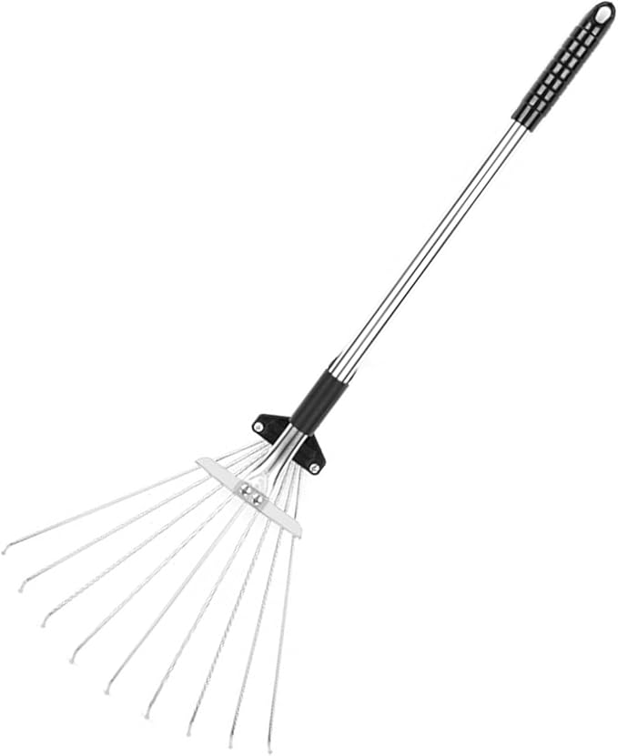 Adjustable Collapsible Garden Leaf Rake Aluminum Alloy Lawn Yard Rake for Leaf Cleaning Flower Bed and Outdoor Gardening (9 Teeth 55â73.5cm Length 11â31cm Width)
