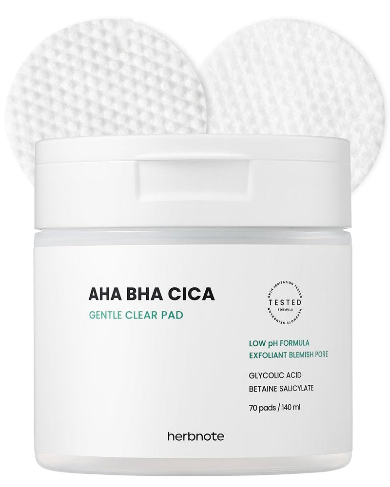 HERBNOTE AHA BHA Cica Gentle Clear Pad - Facial Exfoliating Pad for Dead Skin Cell Care, pH Balancing & Sebum Control, Tighten Large Pores, Calm Sensitive Skin, & Moisturize Dry, Flaky Skin, 70 Sheets