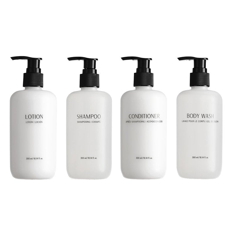 Shampoo Conditioner Body Wash and Lotion Kit 4 Pump Bottles Per Case Each 10.14 Fl oz/300 ML Aloe vera, Green Tea Extract Infused Hotel Toiletries
