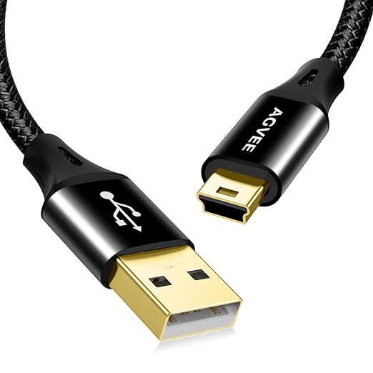 AGVEE 2 Pack 10ft Mini USB Cable, Braided Durable USB-A to Mini-B Charger Charging Cord for TI-84, Garmin GPS, Go-Pro Hero 4 3 2 HD, PS3 Controller, Canon Camera, Blue Yeti Microphone, Black