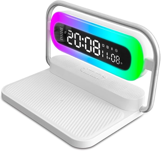 OTXKOO 4-in-1 Multifunction Mobile Wireless Charger with Colorful Night Lights, Bluetooth Speaker, Digital Clock Alarm ; M11