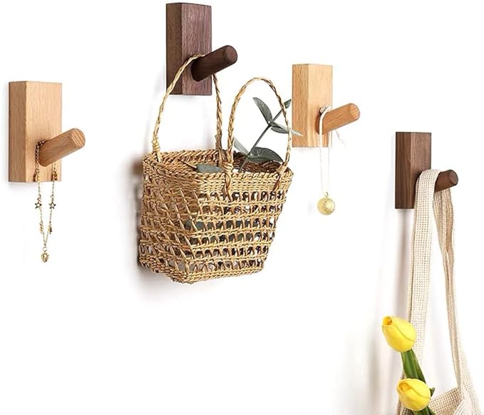 HomeDo Wall Hooks Hat Rack, Wooden Coat Hooks Wall Mounted, Decorative Hooks Single Organizer Hat Hanger Towel Rack, Heavy Duty Hooks (Rectangle-Walunt,8Pack)