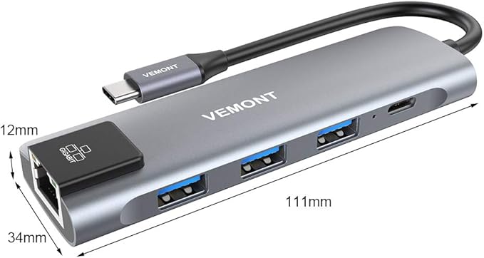 VEMONT 5-in-1 USB C Hub Multiport Adapter, Gigabit Ethernet, 3 USB 3.0 Ports, 100W PD Charging Docking Station Compatible with MacBook iPad Laptop All Type C Devices