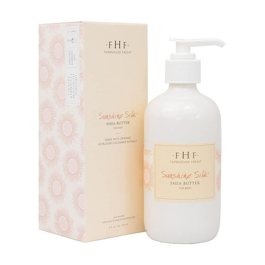FarmHouse Fresh Sunshine Silk Organic Shea Butter Body Lotion Hydrating Moisturizer with Vitamin E, Citrus and Vanilla Scent, 8 fl oz