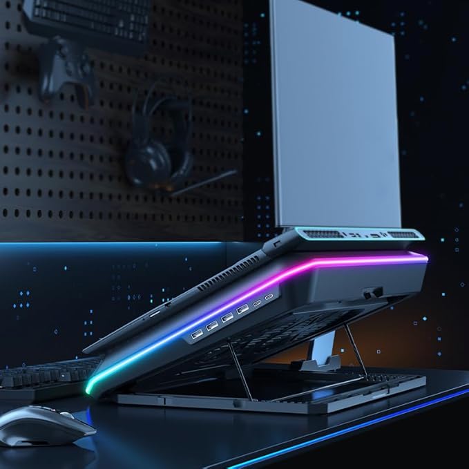 KYOLLY RGB Gaming Laptop Cooling Pad with Two Turbo Fan 3000RPM, Rapid Cooling for 15.6-19.3" Laptops, Variable Speed Control, 6 Adjustable Heights,10 RGB Lighting Modes,4 Hub