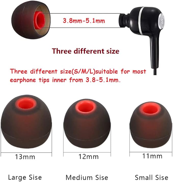CYADCI Earbuds Replacement Tips Silicone Earbud Tips Ear Gels Fit for Inner Hole from 3.8mm - 5.1mm Earphones 9 Pairs S/M/L Black-Red