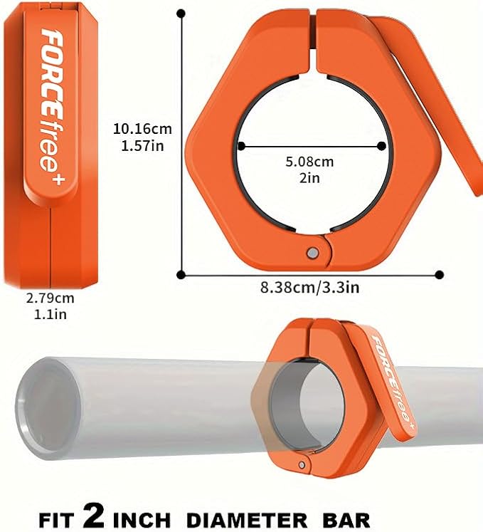 Forcefree+ Barbell Clips (Pair), Barbell Clamps, Quick Release Olympic Barbell Clamps with Anti Slip TPR Grip, Barbell Collars for Secure Weightlifting & Powerlifting (Non Magnetic, Orange)