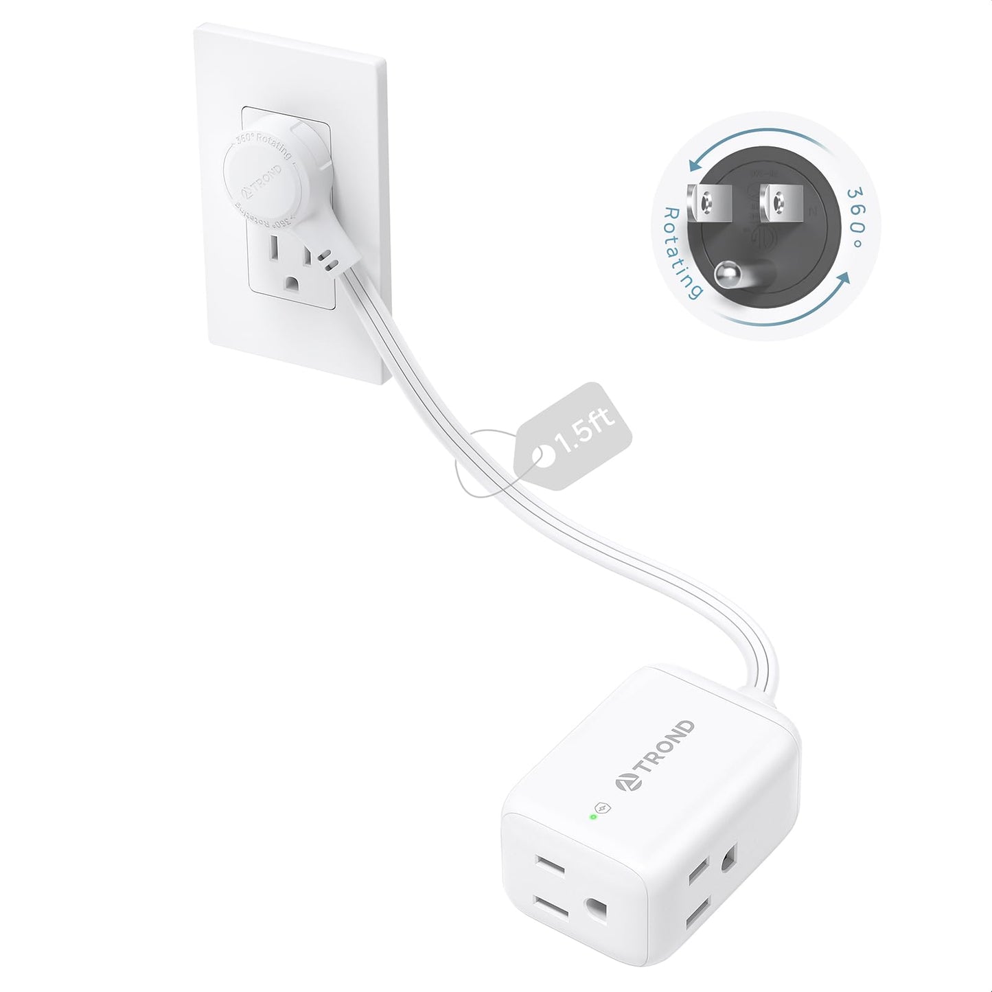 TROND 360° Rotating Flat Plug Extension Cord Surge Protector 1.5ft, Small Power Strip with 900 Joules, 3 Side Grounded Outlets, 13A, SPT 16/3 Gauge Wire for Indoor Home Office Dorm Room Travel, White