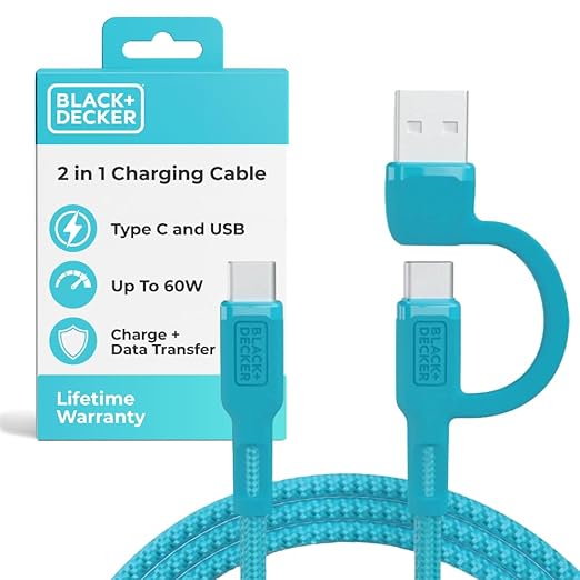 BLACK+DECKER USB C Multi Charging Cable, Fast Multi Charger Cable w/Adapter Braided 2in1 Multiple USB Cable, Universal Charging Cord w/Type C/USB Adapter for iPhone 17 16 15/Samsung/LG/Tablets/More